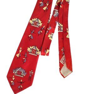 1950s Bright Red Vintage Wide Novelty Print Rayon Necktie With Asian Dancers
